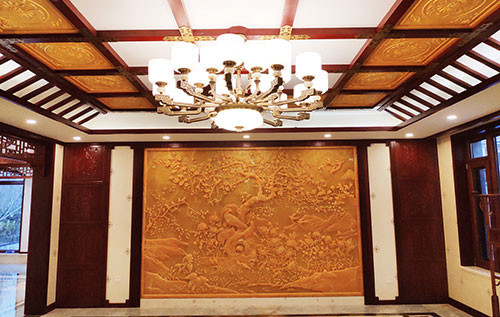水城中式别墅客厅中式木作横梁吊顶装饰展示