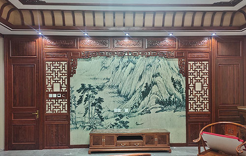 水城中式仿古别墅客厅背景墙花格木作装饰